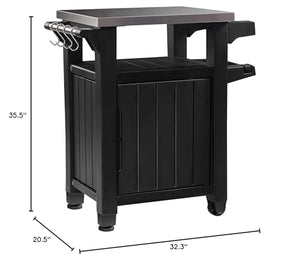 Keter Unity Outdoor Kitchen Portable Bar Cart BBQ Prep and Serving Station with Stainless Steel Top and Rolling Wheels, 40 Gallon, Graphite Grey