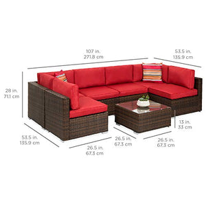 Best Choice Products 7-Piece Modular Outdoor Sectional Wicker Patio Conversation Set w/ 2 Pillows, Coffee Table, Cover Included - Brown/Red