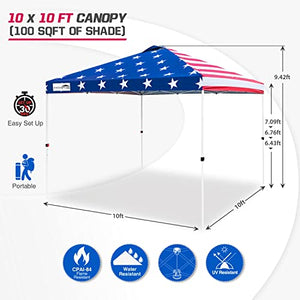 EAGLE PEAK 10x10 Pop Up Canopy Tent with Carry Bag, 4 Stakes, 4 Ropes, 4 Weight Bags, Easy Set Up Tent Canopy, 100sqft of Shade, American Flag