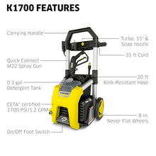 Load image into Gallery viewer, Kärcher K1800PS Max 2250 PSI Electric Pressure Washer with 3 Spray Nozzles - Great for cleaning Cars, Siding, Driveways, Fencing and more - 1.2 GPM
