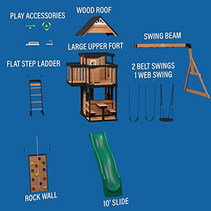 Backyard Discovery Canyon Creek All Cedar Wood Swing Set w/Grey Wave Slide, Playhouse w/Grill, Plastic Food, Picnic Area, Steering Wheel, Two Belt Swings, Rock Climbing Wall, Balcony, Deck, Web Swing