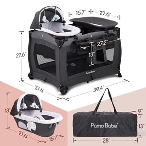 Pamo Babe Deluxe Nursery Center, Foldable Playard for Baby & Toddler, Bassinet, Mattress, Changing Table for Newborn(Black)