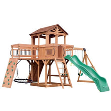 Load image into Gallery viewer, Backyard Discovery Sterling Point All Cedar Wooden Swing Set, Raised Clubhouse, Green Wave Slide, Web Swing, Climbing Wall, 10ft Wave Slide, 2 Belt Swings, Front Porch, Bridge
