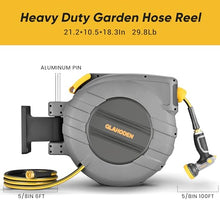 Load image into Gallery viewer, GLAHODEN Retractable Garden Hose Reel 5/8 in x 100 ft Upgraded UV Resistant Heavy Duty Automatic Hose Reel Wall Mount 3/4 in Brass Fitting 9 Pattern Nozzle Any Length Lock Slow Retraction 180° Swivel
