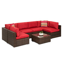 Load image into Gallery viewer, Best Choice Products 7-Piece Modular Outdoor Sectional Wicker Patio Conversation Set w/ 2 Pillows, Coffee Table, Cover Included - Brown/Red
