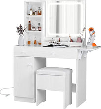 Load image into Gallery viewer, IRONCK Vanity Desk with LED Lighted Mirror &amp; Power Outlet, Makeup Table with Drawers &amp; Cabinet,Storage Stool,for Bedroom, White
