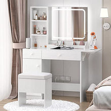 Load image into Gallery viewer, IRONCK Vanity Desk with LED Lighted Mirror &amp; Power Outlet, Makeup Table with Drawers &amp; Cabinet,Storage Stool,for Bedroom, White
