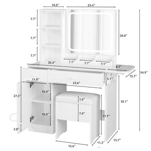 IRONCK Vanity Desk with LED Lighted Mirror & Power Outlet, Makeup Table with Drawers & Cabinet,Storage Stool,for Bedroom, White