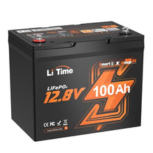 Load image into Gallery viewer, LiTime 12V 100Ah Group 24 Bluetooth LiFePO4 Battery, Deep Cycle Lithium Battery, Built-in 100A BMS with Low-Temp Protection, Max. 15000 Cycles, Perfect for RV, Solar System, Trolling Motors etc.
