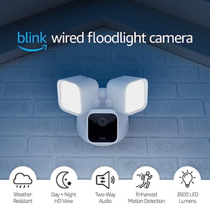 Blink Wired Floodlight Camera – Smart security camera, 2600 lumens, HD live view, enhanced motion detection, built-in siren, Works with Alexa – 1 camera (White)