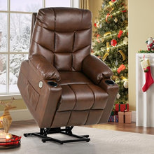 Load image into Gallery viewer, YITAHOME Electric Power Lift Recliner Chair for Elderly, Faux Leather Recliner Chair with Massage and Heat, Spacious Seat, USB Ports, Cup Holders, Side Pockets, Remote Control (Dark Brown)
