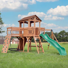 Load image into Gallery viewer, Backyard Discovery Sterling Point All Cedar Wooden Swing Set, Raised Clubhouse, Green Wave Slide, Web Swing, Climbing Wall, 10ft Wave Slide, 2 Belt Swings, Front Porch, Bridge
