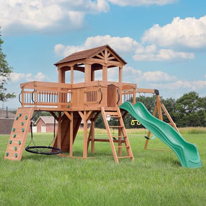 Backyard Discovery Sterling Point All Cedar Wooden Swing Set, Raised Clubhouse, Green Wave Slide, Web Swing, Climbing Wall, 10ft Wave Slide, 2 Belt Swings, Front Porch, Bridge