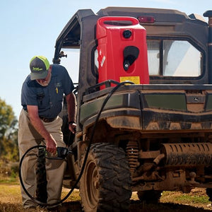 Scepter Flo N' Go Duramax 14 Gallon Portable Gas Fuel Tank Container Caddy with LE Fluid Transfer Siphon Pump and 10 Foot Long Hose, Red