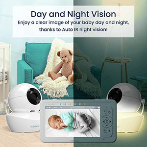 Babysense 5" HD Split-Screen Baby Monitor, Video Baby Monitor with 2 Cameras and Audio, Night Light, 960ft Range, Two-Way Audio, 4X Zoom, Night Vision, 4000mAh Battery