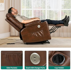 YITAHOME Electric Power Lift Recliner Chair for Elderly, Faux Leather Recliner Chair with Massage and Heat, Spacious Seat, USB Ports, Cup Holders, Side Pockets, Remote Control (Dark Brown)