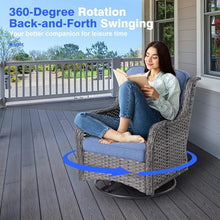 Load image into Gallery viewer, XIZZI Outdoor Swivel Rocking Chairs Patio Furniture Set with 50,000 BTU Rectangular Propane Fire Pit Table 7 Pieces High Back Conversation Sofa and Matching Side Table,Grey Rattan Denim Blue
