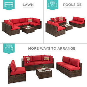 Best Choice Products 7-Piece Modular Outdoor Sectional Wicker Patio Conversation Set w/ 2 Pillows, Coffee Table, Cover Included - Brown/Red