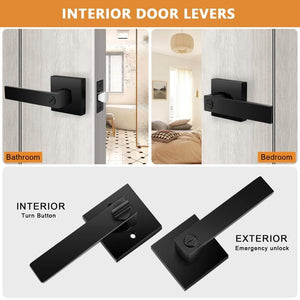 Probrico Heavy Duty Flat Black Door Handles Square Privacy Interior Door Levers Bedromm and Bathroom Door Handles Keyless Bed/Bath Lockset (10 Pack)