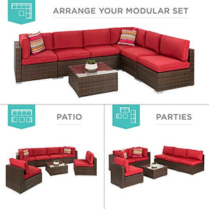 Best Choice Products 7-Piece Modular Outdoor Sectional Wicker Patio Conversation Set w/ 2 Pillows, Coffee Table, Cover Included - Brown/Red