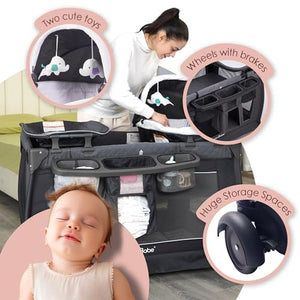 Pamo Babe Deluxe Nursery Center, Foldable Playard for Baby & Toddler, Bassinet, Mattress, Changing Table for Newborn(Black)