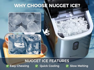 ecozy Nugget Ice Maker Countertop - Chewable Pellet Ice Cubes, 33 lbs Daily Output, Stainless Steel Housing, Self-Cleaning Ice Machine with Ice Bags for Parties, Kitchen, Bar, Office, Silver