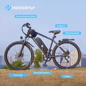 HOVERFLY OUREA Electric Bike 26", 750W Peak Motor Mountain Ebike, Up to 40 Miles 20MPH Removable Battery, 7-Speed and Shock Absorber, Electric Commuter Bike for Adults Black