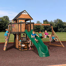 Load image into Gallery viewer, Backyard Discovery Canyon Creek All Cedar Wood Swing Set w/Grey Wave Slide, Playhouse w/Grill, Plastic Food, Picnic Area, Steering Wheel, Two Belt Swings, Rock Climbing Wall, Balcony, Deck, Web Swing
