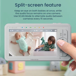 Babysense 5" HD Split-Screen Baby Monitor, Video Baby Monitor with 2 Cameras and Audio, Night Light, 960ft Range, Two-Way Audio, 4X Zoom, Night Vision, 4000mAh Battery