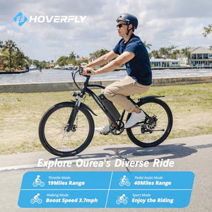 HOVERFLY OUREA Electric Bike 26", 750W Peak Motor Mountain Ebike, Up to 40 Miles 20MPH Removable Battery, 7-Speed and Shock Absorber, Electric Commuter Bike for Adults Black