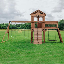 Load image into Gallery viewer, Backyard Discovery Sterling Point All Cedar Wooden Swing Set, Raised Clubhouse, Green Wave Slide, Web Swing, Climbing Wall, 10ft Wave Slide, 2 Belt Swings, Front Porch, Bridge
