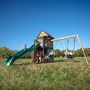 Backyard Discovery Canyon Creek All Cedar Wood Swing Set w/Grey Wave Slide, Playhouse w/Grill, Plastic Food, Picnic Area, Steering Wheel, Two Belt Swings, Rock Climbing Wall, Balcony, Deck, Web Swing