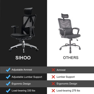 SIHOO M18 Ergonomic Office Chair for Big and Tall People Adjustable Headrest with 2D Armrest Lumbar Support and PU Wheels Swivel Tilt Function Black