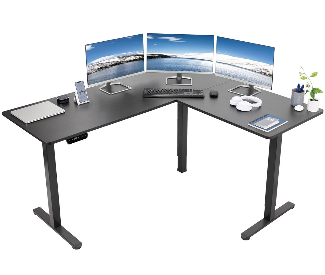 VIVO Electric Height Adjustable 63 x 55 inch Corner Stand Up Desk, Black Table Top, Black Frame, L-Shaped Standing Workstation, 3CT Series, DESK-E3CTB