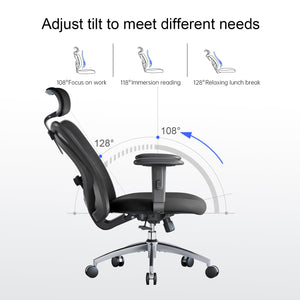 SIHOO M18 Ergonomic Office Chair for Big and Tall People Adjustable Headrest with 2D Armrest Lumbar Support and PU Wheels Swivel Tilt Function Black