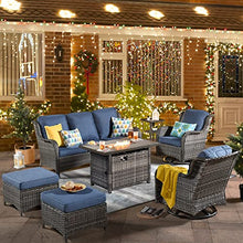 Load image into Gallery viewer, XIZZI Outdoor Swivel Rocking Chairs Patio Furniture Set with 50,000 BTU Rectangular Propane Fire Pit Table 7 Pieces High Back Conversation Sofa and Matching Side Table,Grey Rattan Denim Blue
