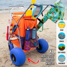 Load image into Gallery viewer, RollX Beach Cart with 4 Balloon Wheels for Sand, Foldable Storage Wagon with Rear 13 Inch Beach Tires, Front 7 Inch Beach Tires (Pump Included) (Orange)
