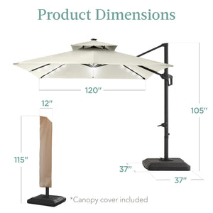 Best Choice Products 10x10ft 2-Tier Square Cantilever Patio Umbrella with Solar LED Lights, Offset Hanging Outdoor Sun Shade for Backyard w/Included Fillable Base, 360 Rotation - Ivory