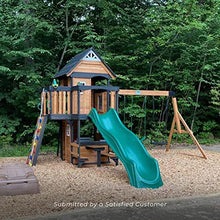 Load image into Gallery viewer, Backyard Discovery Canyon Creek All Cedar Wood Swing Set w/Grey Wave Slide, Playhouse w/Grill, Plastic Food, Picnic Area, Steering Wheel, Two Belt Swings, Rock Climbing Wall, Balcony, Deck, Web Swing
