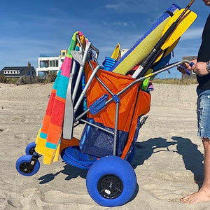 RollX Beach Cart with 4 Balloon Wheels for Sand, Foldable Storage Wagon with Rear 13 Inch Beach Tires, Front 7 Inch Beach Tires (Pump Included) (Orange)