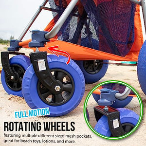 RollX Beach Cart with 4 Balloon Wheels for Sand, Foldable Storage Wagon with Rear 13 Inch Beach Tires, Front 7 Inch Beach Tires (Pump Included) (Orange)