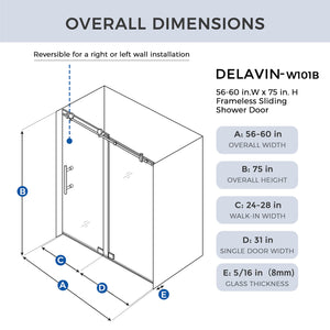 DELAVIN 56-60" W x 75" H Frameless Sliding Shower Door, Glass Door with 5/16" (8mm) Clear SGCC Tempered Glass, Explosion-Proof Film, Stainless Steel Hardware, Matte Black