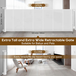 Miumoon Upgrade 120 inch Retractable Baby Gates Extra Wide with Reinforced Strip Design to Prevent Crawling Through, 10 Foot Retractable Dog Gate, 34" Tall, Retractable Gate for Indoor/Outdoor(White)