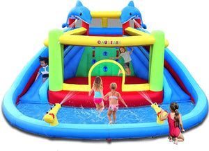 Causeair Inflatable Water Slide with Bounce House,Dolphin Styling,Splashing Pool,Double Water Cannon,Climbing Wall,Heavy Duty GFCI Blower,Inflatable Water Park for Kids Backyard Summer