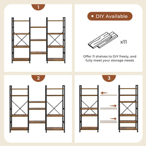 SUPERJARE Triple 4 Tier Bookshelf, Bookcase with 11 Open Display Shelves, Wide Book Shelf Book Case for Home & Office, Rustic Brown