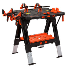 Load image into Gallery viewer, Pony Portable Folding Work Table, 2-in-1 as Sawhorse &amp; Workbench, Load Capacity 1000 lbs-Sawhorse &amp; 500 lbs-Workbench, 31” W×25” D×25”-32”H, with 4pcs Clamps, 4pcs Bench Dogs, 2pcs Safety Straps
