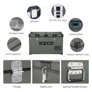 ICECO VL60 Dual Zone Portable Refrigerator with SECOP Compressor, 60 Liters Platinum Compact Refrigerator, DC 12/24V, AC 110-240V, 0℉ to 50℉, Home & Car Use (with Insulated Cover)