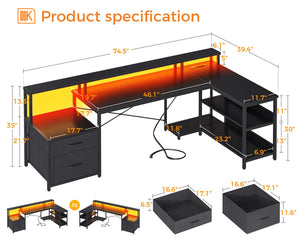 ODK L Shaped Desk with File Drawer, 75" Reversible L Shaped Computer Desk with Power Outlet & LED Strip, Office Desk with Storage Shelves, Gaming Desk with Monitor Shelf, Corner Desk, Black