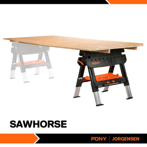 Pony Portable Folding Work Table, 2-in-1 as Sawhorse & Workbench, Load Capacity 1000 lbs-Sawhorse & 500 lbs-Workbench, 31” W×25” D×25”-32”H, with 4pcs Clamps, 4pcs Bench Dogs, 2pcs Safety Straps