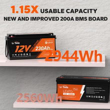 Load image into Gallery viewer, Litime 12V 230Ah Plus Low-Temp Protection LiFePO4 Battery Built-in 200A BMS, Max 2944Wh Energy, Lithium Iron Phosphate Battery Perfect for Solar System, RV, Camping, Boat, Home Energy Storage
